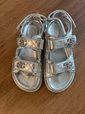 Chanel Silver Quilted Strap Sandals
